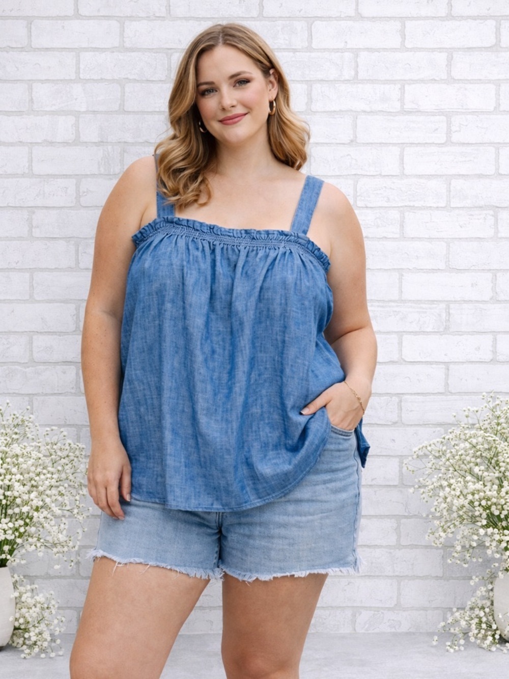J. Crew Factory NWT Chambray Squareneck Smocked Tank Top Size 2X